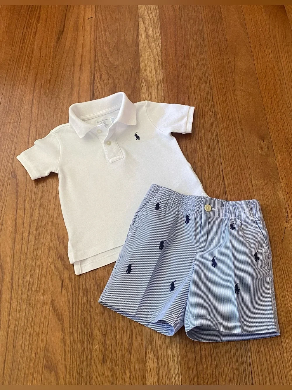 Ralph Lauren White Polo Shirt with Blue Stripe Embroidered Pony’s Shorts Set
